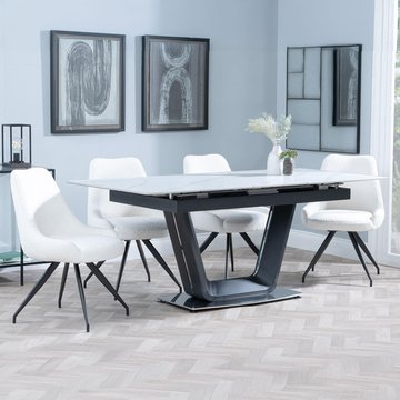 Alpha extending dining set - 6-8 seater - 140cm-180cm - white ceramic - arctic swivel dining chair - cream velvet fabric