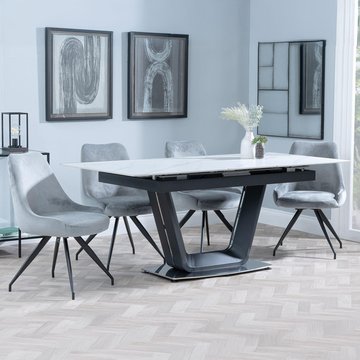 Alpha extending dining set - 6-8 seater - 140cm-180cm - white ceramic - arctic swivel dining chair - grey velvet fabric
