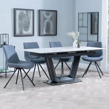 Alpha extending dining set - 6-8 seater - 140cm-180cm - white ceramic - boden swivel dining chair - dark grey fabric