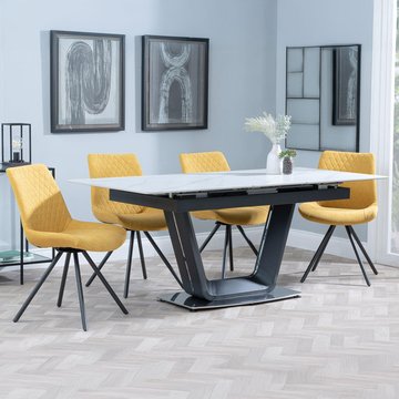 Alpha extending dining set - 6-8 seater - 140cm-180cm - white ceramic - boden swivel dining chair - yellow fabric