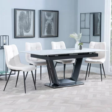Alpha extending dining set - 6-8 seater - 140cm-180cm - white ceramic - corona dining chair - beige fabric