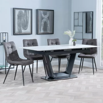 Alpha extending dining set - 6-8 seater - 140cm-180cm - white ceramic - corona dining chair - grey fabric