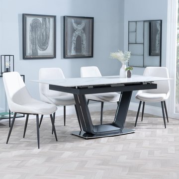 Alpha extending dining set - 6-8 seater - 140cm-180cm - white ceramic - darwin dining chair - cream fabric