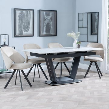 Alpha extending dining set - 6-8 seater - 140cm-180cm - white ceramic - ion swivel dining chair - beige velvet fabric