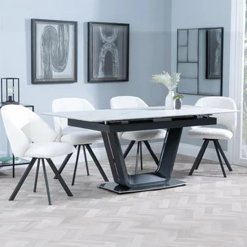 Alpha extending dining set - 6-8 seater - 140cm-180cm - white ceramic - ion swivel dining chair - cream boucle fabric