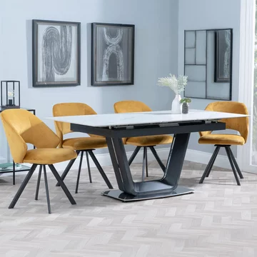 Alpha extending dining set - 6-8 seater - 140cm-180cm - white ceramic - ion swivel dining chair - mustard velvet fabric