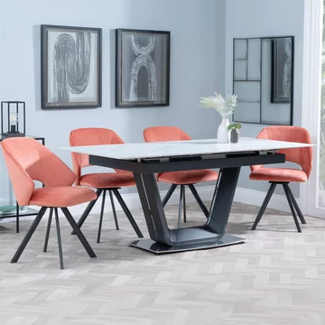 Alpha extending dining set - 6-8 seater - 140cm-180cm - white ceramic - ion swivel dining chair - orange velvet fabric