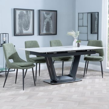Alpha extending dining set - 6-8 seater - 140cm-180cm - white ceramic - peyton dining chair - green fabric