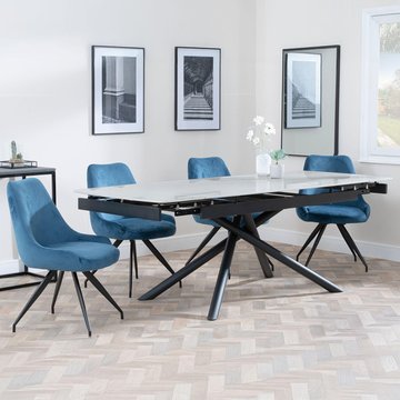 Apollo extending dining set - 6-8 seater - 160cm-220cm - grey ceramic - arctic swivel dining chair - blue velvet fabric