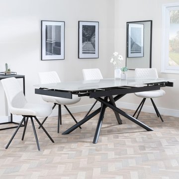 Apollo extending dining set - 6-8 seater - 160cm-220cm - grey ceramic - boden swivel dining chair - cream fabric