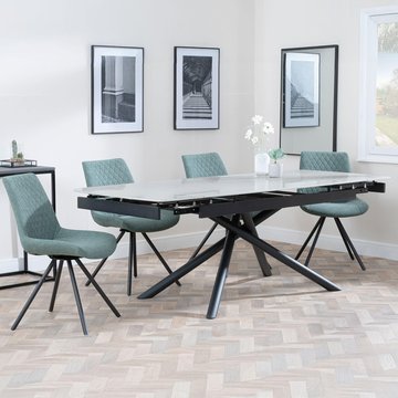 Apollo extending dining set - 6-8 seater - 160cm-220cm - grey ceramic - boden swivel dining chair - green fabric
