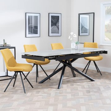 Apollo extending dining set - 6-8 seater - 160cm-220cm - grey ceramic - boden swivel dining chair - yellow fabric