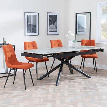 Apollo extending dining set - 6-8 seater - 160cm-220cm - grey ceramic - corona dining chair - orange fabric