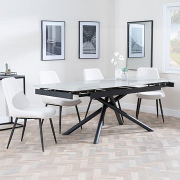 Apollo extending dining set - 6-8 seater - 160cm-220cm - grey ceramic - darwin dining chair - cream fabric