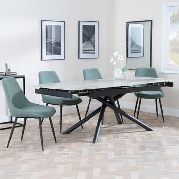 Apollo extending dining set - 6-8 seater - 160cm-220cm - grey ceramic - darwin dining chair - green fabric