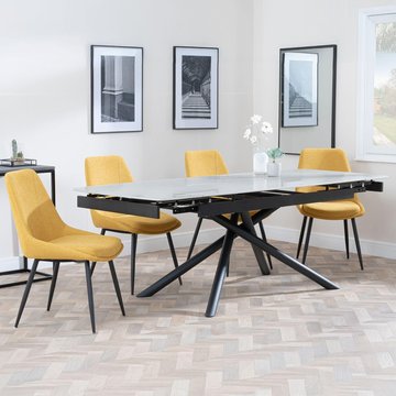 Apollo extending dining set - 6-8 seater - 160cm-220cm - grey ceramic - darwin dining chair - yellow fabric