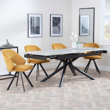 Apollo extending dining set - 6-8 seater - 160cm-220cm - grey ceramic - ion swivel dining chair - mustard velvet fabric