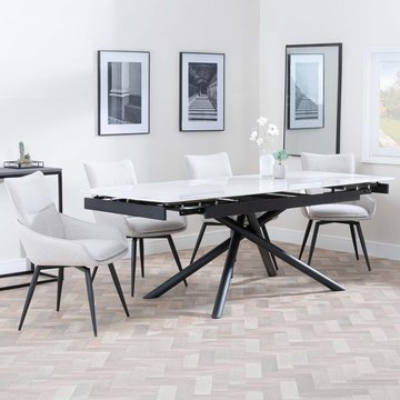 Apollo extending dining set - 6-8 seater - 160cm-220cm - white ceramic - ace swivel dining chair - beige fabric