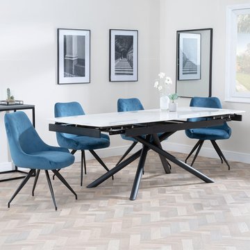 Apollo extending dining set - 6-8 seater - 160cm-220cm - white ceramic - arctic swivel dining chair - blue velvet fabric