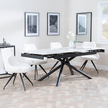 Apollo extending dining set - 6-8 seater - 160cm-220cm - white ceramic - arctic swivel dining chair - cream velvet fabric