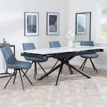 Apollo extending dining set - 6-8 seater - 160cm-220cm - white ceramic - boden swivel dining chair - dark grey fabric