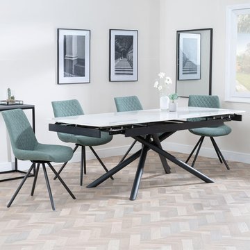 Apollo extending dining set - 6-8 seater - 160cm-220cm - white ceramic - boden swivel dining chair - green fabric