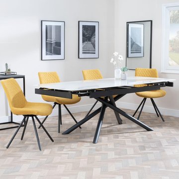 Apollo extending dining set - 6-8 seater - 160cm-220cm - white ceramic - boden swivel dining chair - yellow fabric