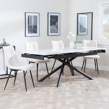 Apollo extending dining set - 6-8 seater - 160cm-220cm - white ceramic - corona dining chair - beige fabric