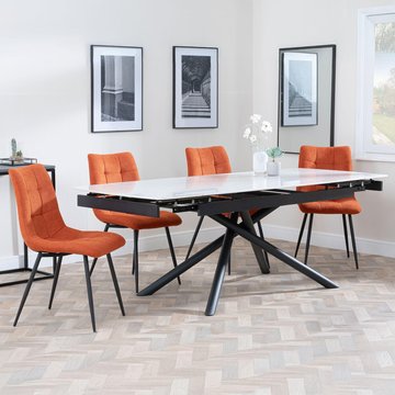 Apollo extending dining set - 6-8 seater - 160cm-220cm - white ceramic - corona dining chair - orange fabric