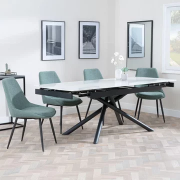 Apollo extending dining set - 6-8 seater - 160cm-220cm - white ceramic - darwin dining chair - green fabric