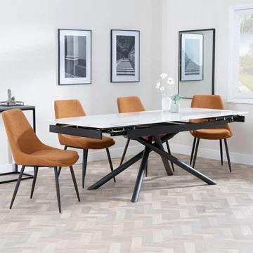 Apollo extending dining set - 6-8 seater - 160cm-220cm - white ceramic - darwin dining chair - orange fabric