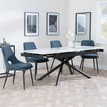 Apollo extending dining set - 6-8 seater - 160cm-220cm - white ceramic - peyton dining chair - blue fabric