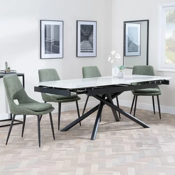 Apollo extending dining set - 6-8 seater - 160cm-220cm - white ceramic - peyton dining chair - green fabric