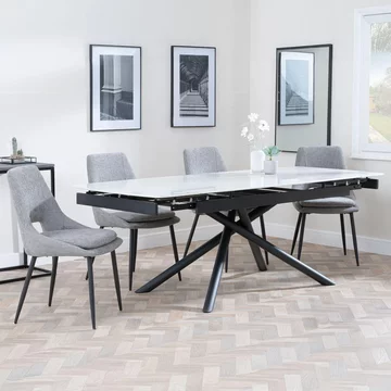 Apollo extending dining set - 6-8 seater - 160cm-220cm - white ceramic - peyton dining chair - grey fabric