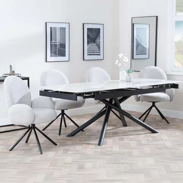 Apollo extending dining set - 6-8 seater - 160cm-220cm - white ceramic - theo swivel dining chair - grey fabric