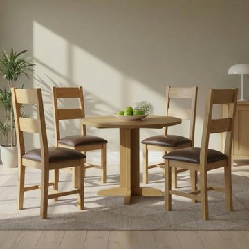 Appleby round drop leaf dining set - 4 seater - 30cm-90cm - oak - with 4 ladder back chairs - black faux leather seat pad