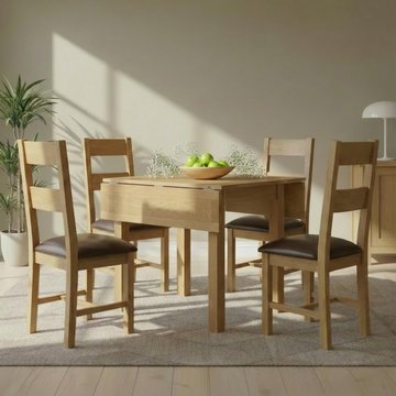 Appleby square drop leaf dining set - 4 seater - 90cm - oak - with 4 ladder back chairs - black faux leather seat pad