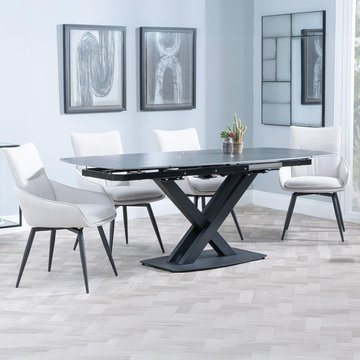 Arctic extending dining set - 6-8 seater - 140cm-200cm - black ceramic swivel top - ace swivel dining chair - beige fabric