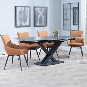 Arctic extending dining set - 6-8 seater - 140cm-200cm - black ceramic swivel top - ace swivel dining chair - orange fabric