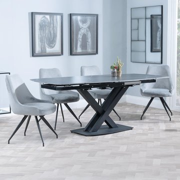 Arctic extending dining set - 6-8 seater - 140cm-200cm - black ceramic swivel top - arctic swivel dining chair - grey velvet fabric