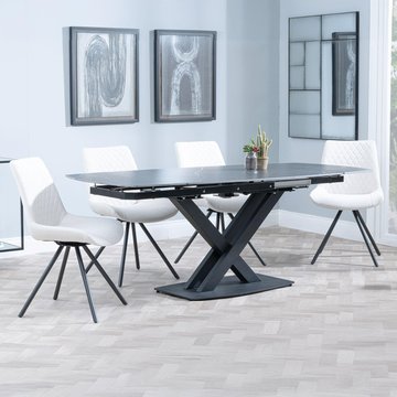 Arctic extending dining set - 6-8 seater - 140cm-200cm - black ceramic swivel top - boden swivel dining chair - cream fabric