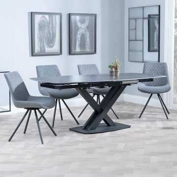 Arctic extending dining set - 6-8 seater - 140cm-200cm - black ceramic swivel top - boden swivel dining chair - grey fabric