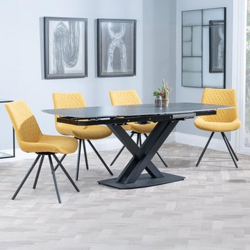 Arctic extending dining set - 6-8 seater - 140cm-200cm - black ceramic swivel top - boden swivel dining chair - yellow fabric
