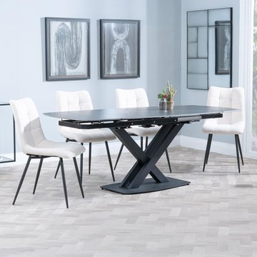 Arctic extending dining set - 6-8 seater - 140cm-200cm - black ceramic swivel top - corona dining chair - beige fabric