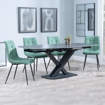 Arctic extending dining set - 6-8 seater - 140cm-200cm - black ceramic swivel top - corona dining chair - green fabric