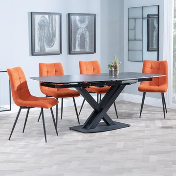 Arctic extending dining set - 6-8 seater - 140cm-200cm - black ceramic swivel top - corona dining chair - orange fabric