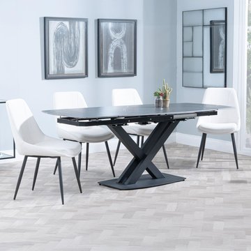 Arctic extending dining set - 6-8 seater - 140cm-200cm - black ceramic swivel top - darwin dining chair - cream fabric