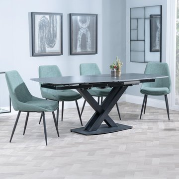 Arctic extending dining set - 6-8 seater - 140cm-200cm - black ceramic swivel top - darwin dining chair - green fabric