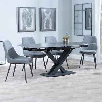 Arctic extending dining set - 6-8 seater - 140cm-200cm - black ceramic swivel top - darwin dining chair - grey fabric