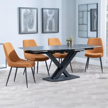 Arctic extending dining set - 6-8 seater - 140cm-200cm - black ceramic swivel top - darwin dining chair - orange fabric